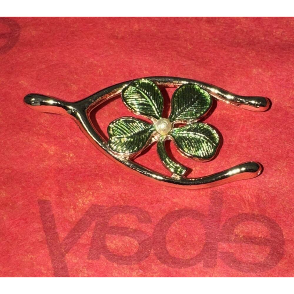 Vintage Signed GERRY'S Gold Tone Green Enamel Faux Pearl Clover Wishbone Brooch